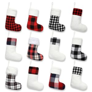 Mini Christmas Stockings Set of 12, Buffalo Plaid Small Christmas Stockings 9 Inch