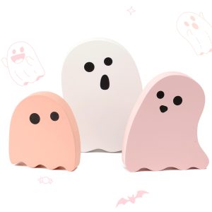 Amorita Pink Halloween Decor - 3pcs Cute Ghost Wood Plank Signs